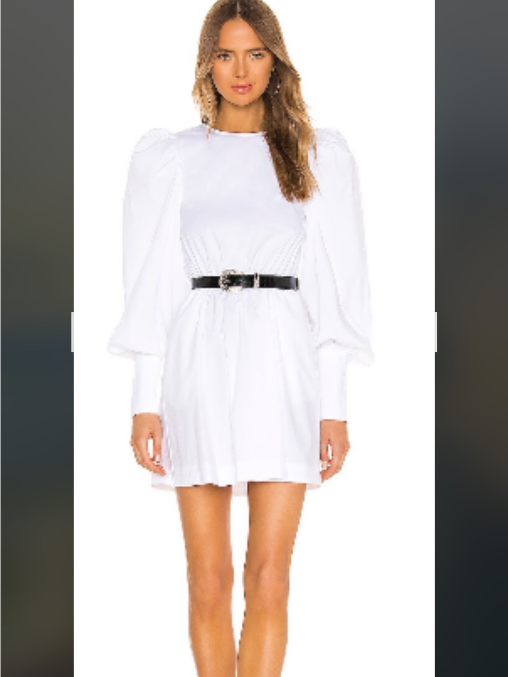 White Puff-Sleeve Mini Dress with Belt